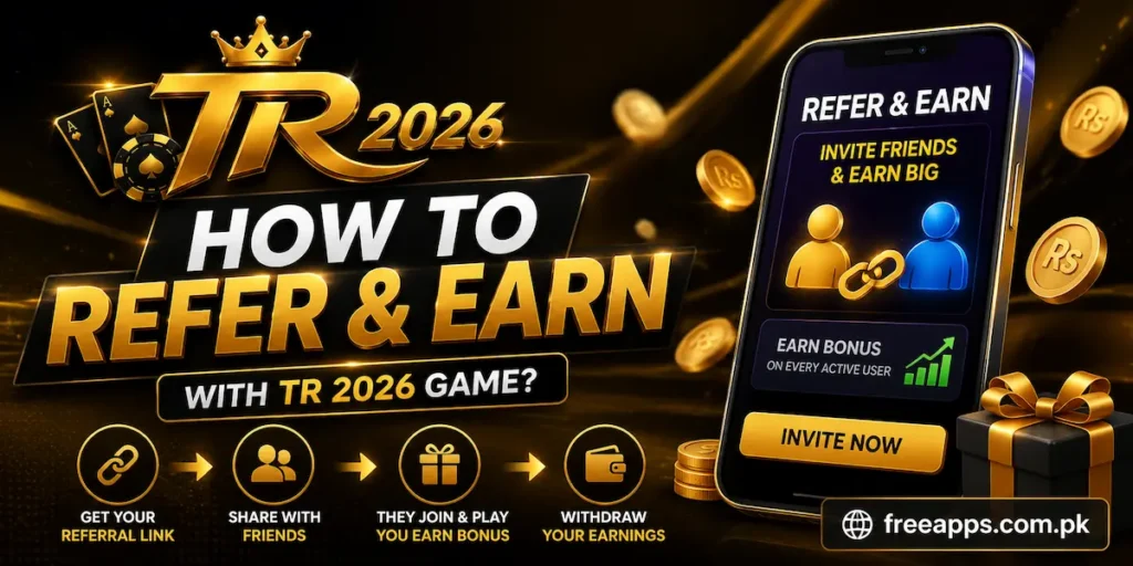 TR 2026 Game referral and earn banner with referral link, invite friends, bonus rewards, and earnings steps.