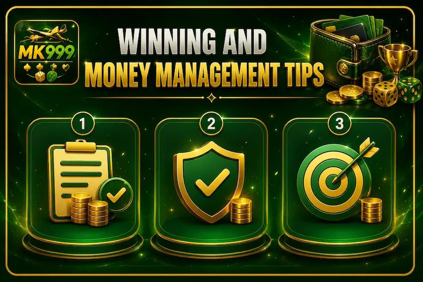 MK999 winning and money management tips with budget, security, and strategy icons.